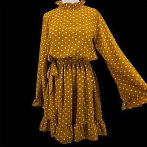 SHEIN Size Medium Retro Mustard Yellow Polka Dot Belted Dress Ruffle Long Sleeve